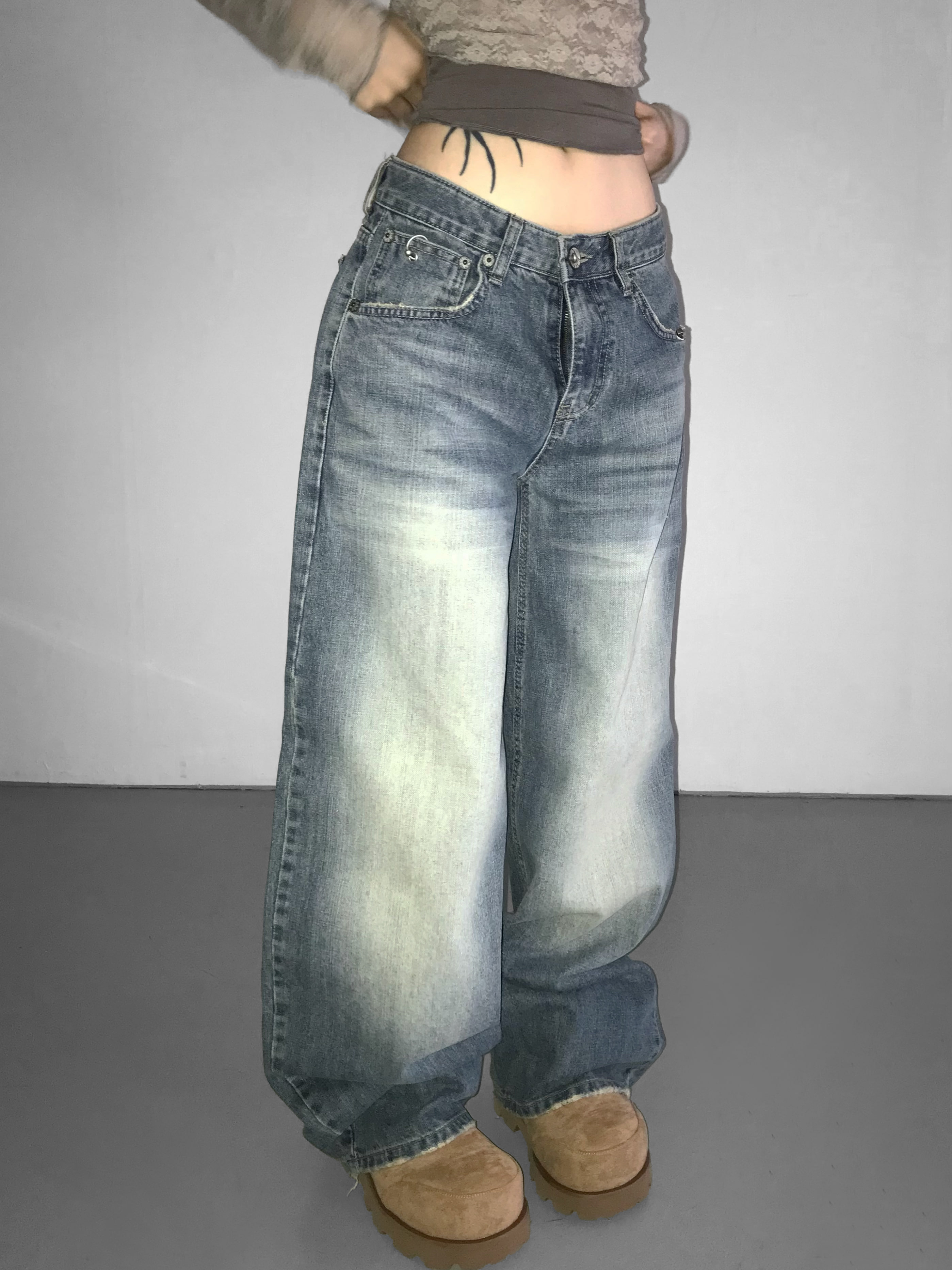 Metal Hook Washed Wide-Leg Denim