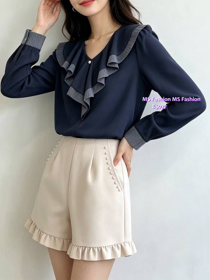 E5077 靚料V領ruffle top