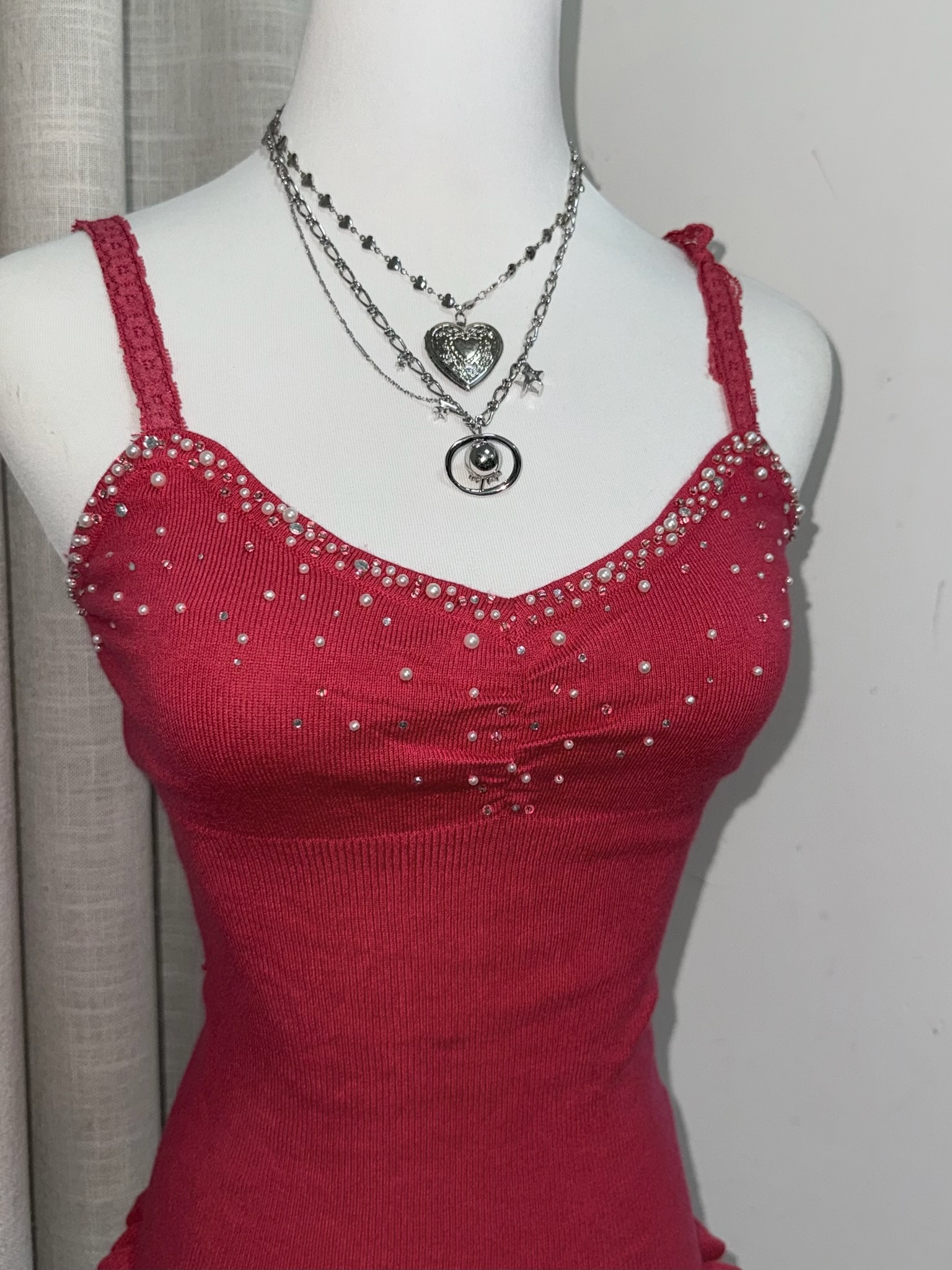 Sweet Y2K Hot Pink Pearl Cami with Ruffle Hem