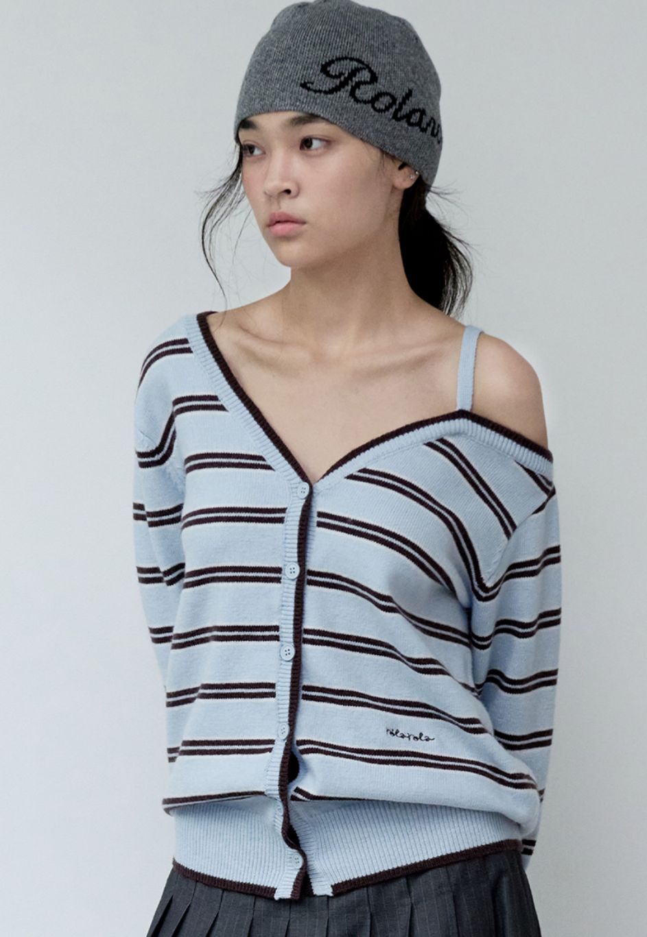 🎀Rolarola 🎀 ONE OFF SHOULDER 橫間cardigan 獨家折扣優惠 size: s/m Pink/white 28/3截單