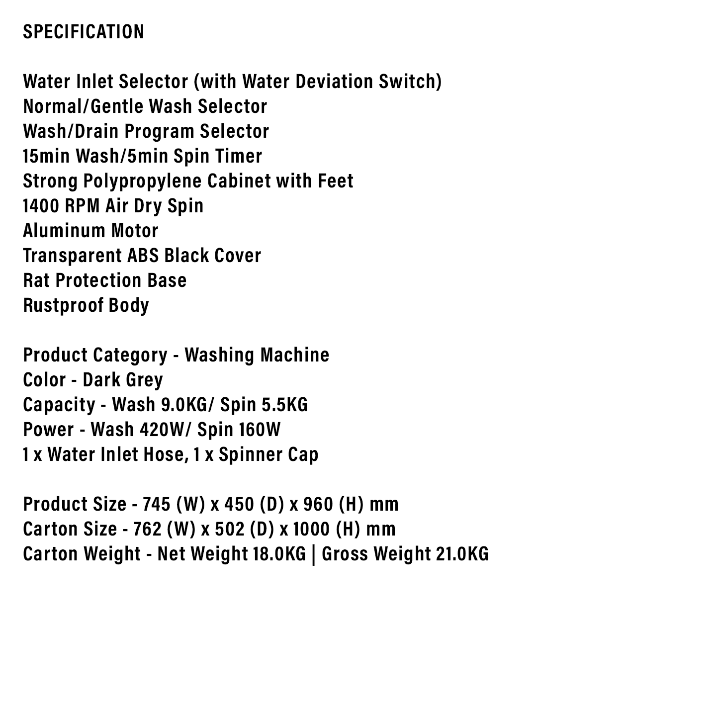 Faber 9kg Semi-Auto Washing Machine FWM SM901DG