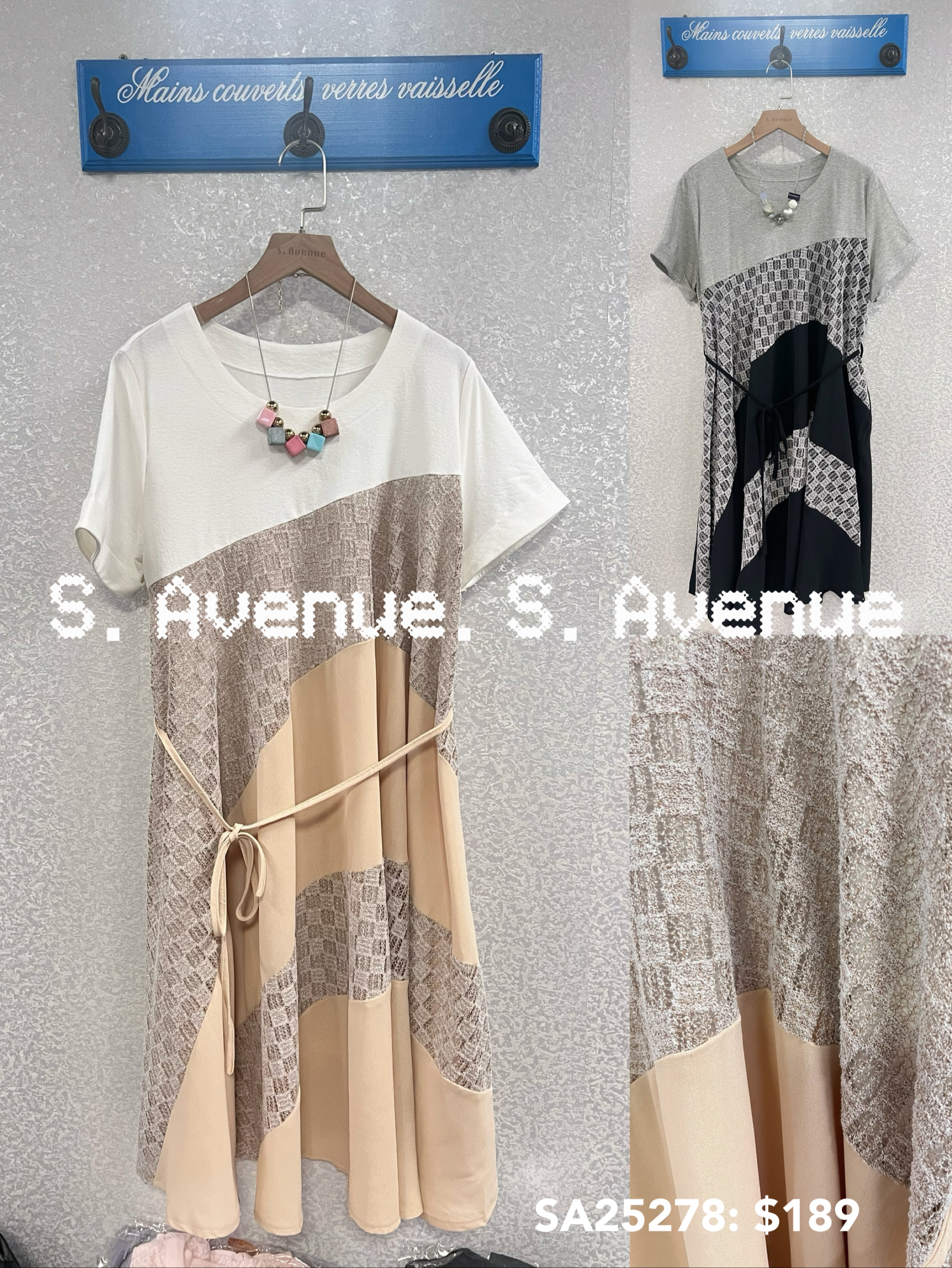 SA25278: 短袖拼lace拼雪紡A字裙