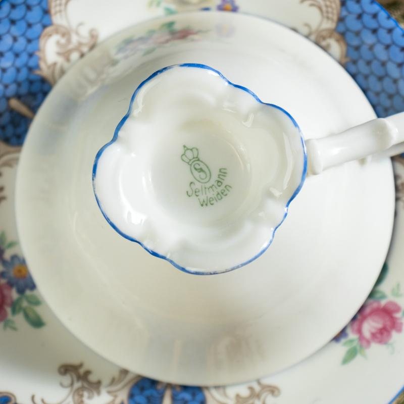 C.a. 1924 - 1946 German Seltmann Weiden Elegant Foliage Blue Tea Set Trio(MW108)