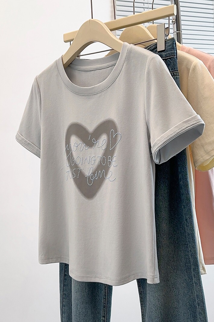 B195(36918) 美式甜辣风撞色爱心印花小字母刺绣3色上衣