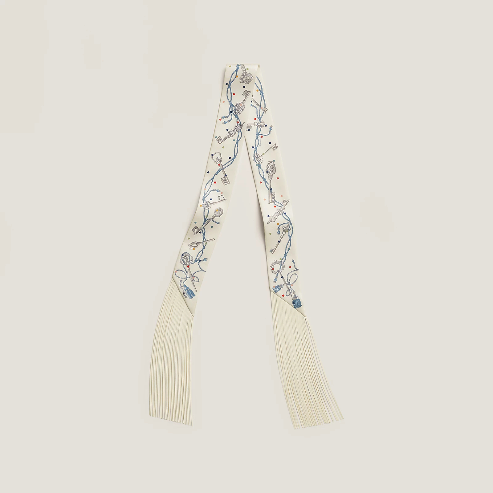 Hermès 全新🆕 100%絲 Les Cles Pois Franges 皮革流蘇圖案Twilly