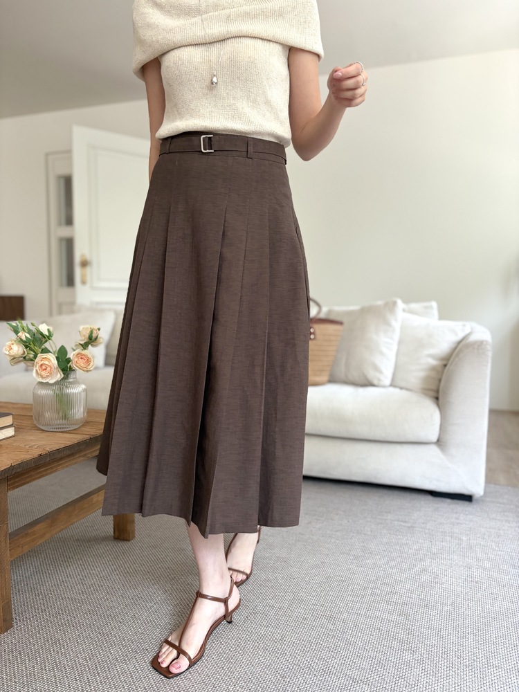 Linen Blend Pleated Skirt (Brown)