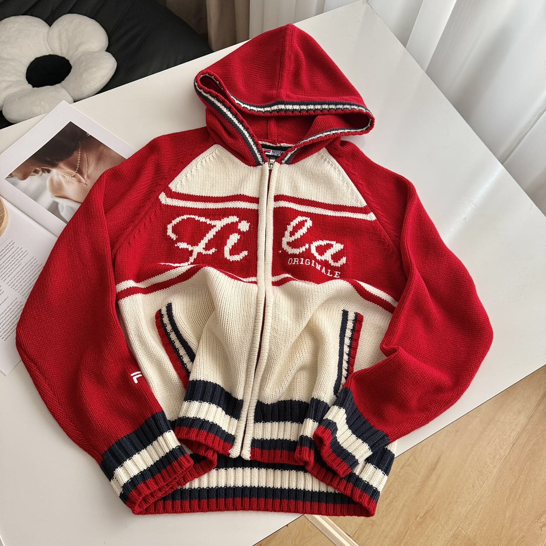 FILA 拼色連帽拉鍊針織冷衫