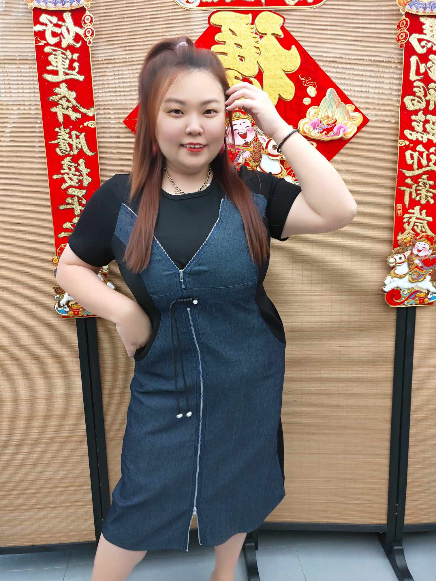 DDH09 TW#6085 拉链设计拼牛仔连衣裙