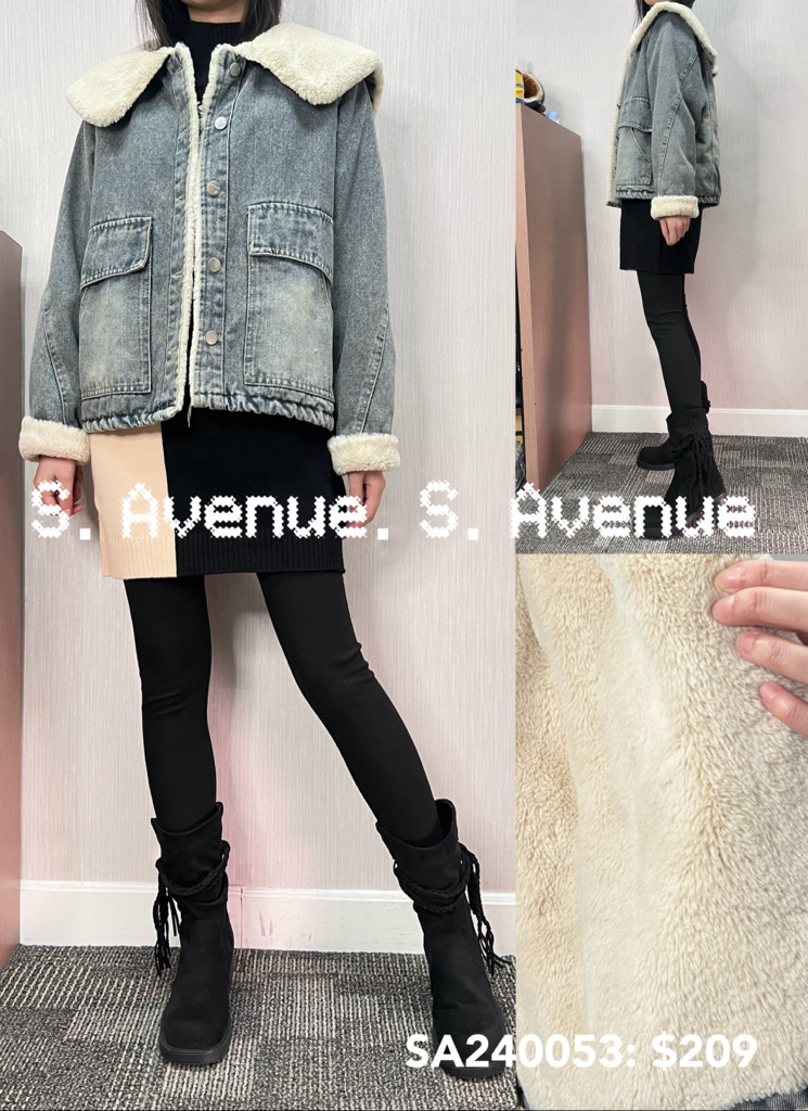 SA240053: 長袖斗逢領毛毛里洗水牛仔褸