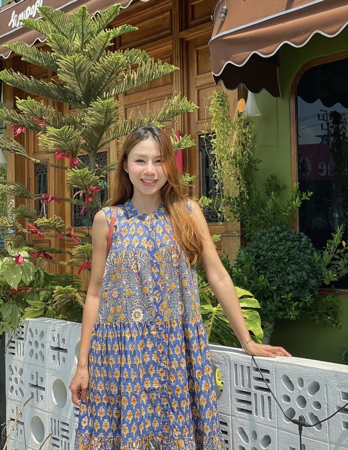 泰國名牌CHEVA - 藍黃色印花拼布背心連身裙