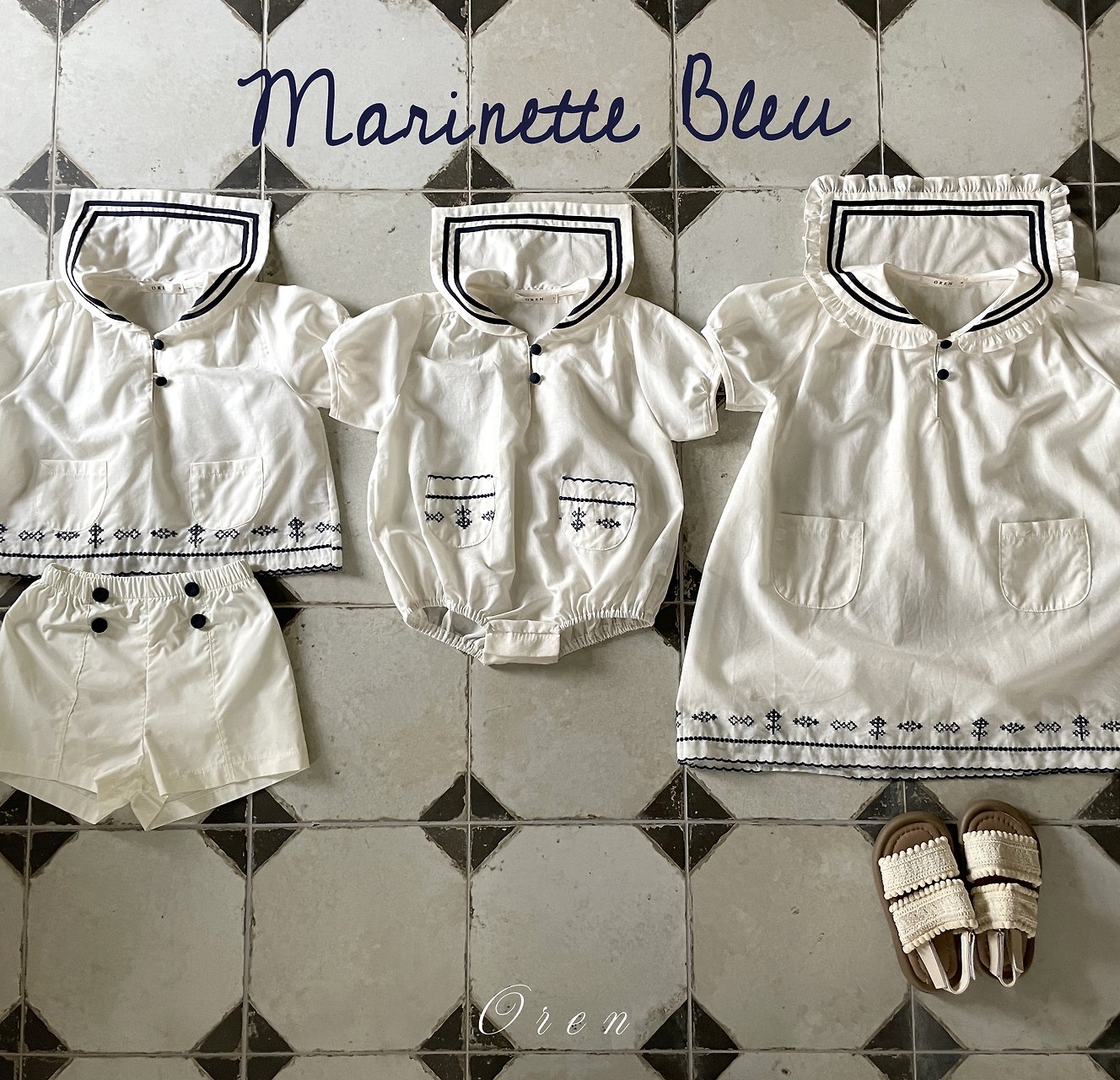 ☀️預訂 韓國直送☀️🇰🇷Oren Marinette兩色海洋風水手領刺繡短袖包屁衣/連身裙/上下套裝