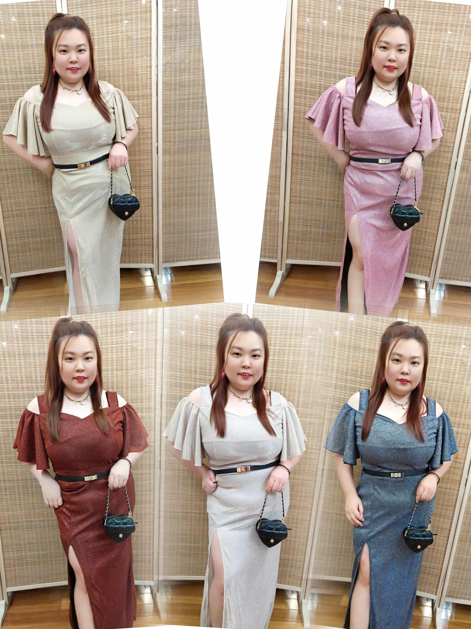 ENG06 SDG22 闪粉亮面贵气蝴蝶袖劈叉长礼服连身裙