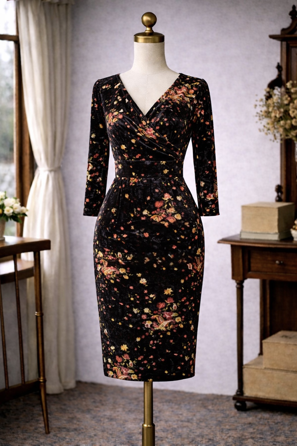 (Ready-Made)Lady in Velvet Flowery Bodycon Dress (FM141)
