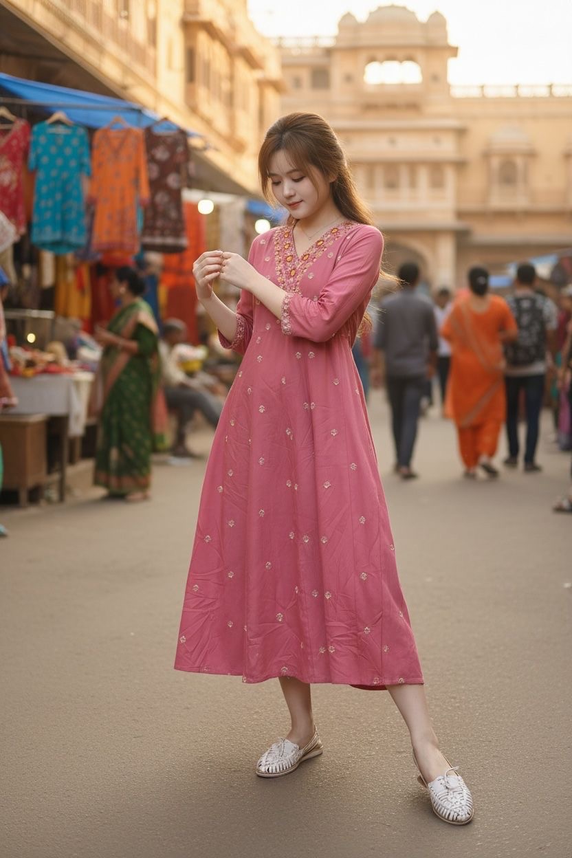 Pink Emb Big V Neck Cotton OP 46" #1051