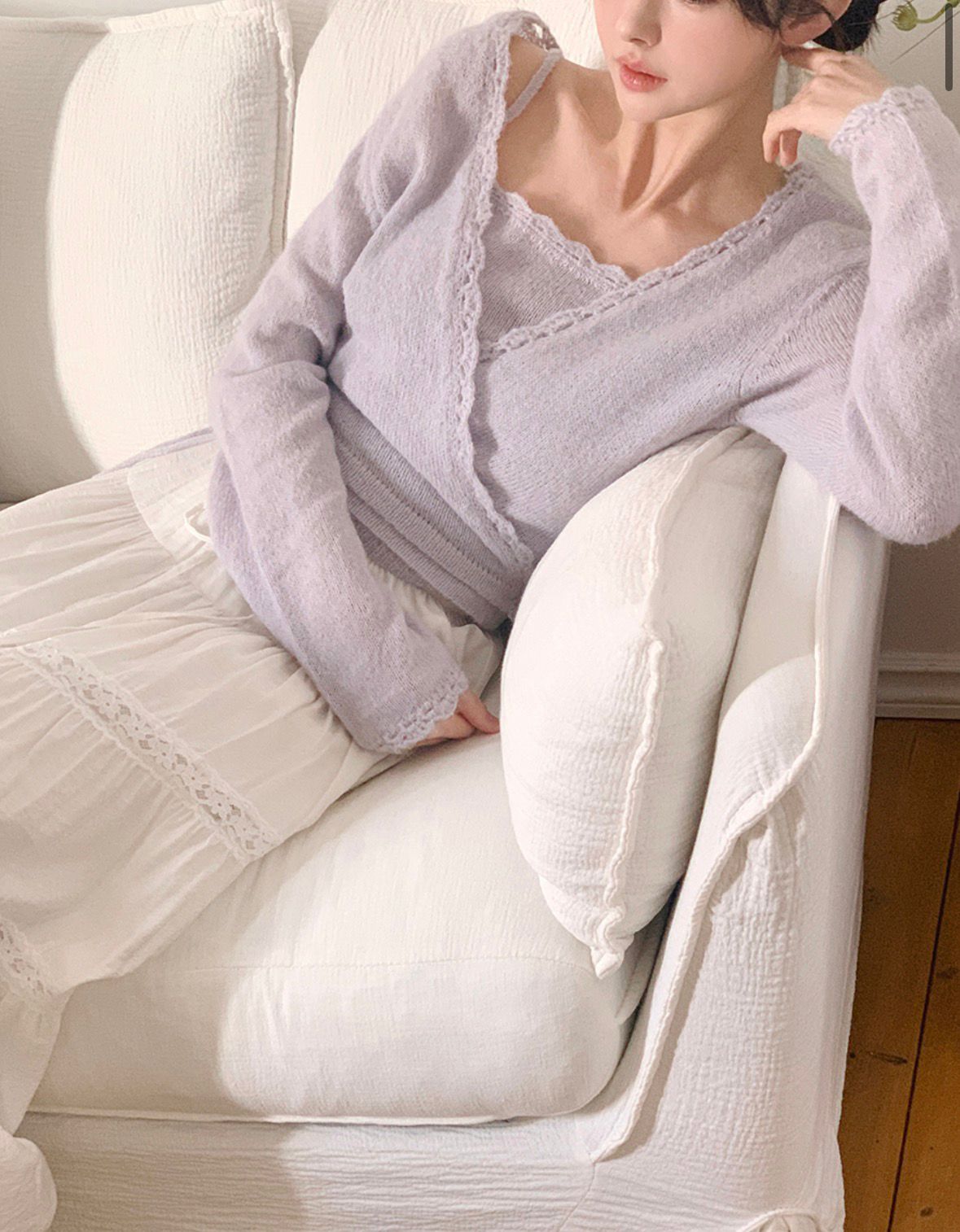 【20%羊毛】針織吊帶綁腰套裝 米白色