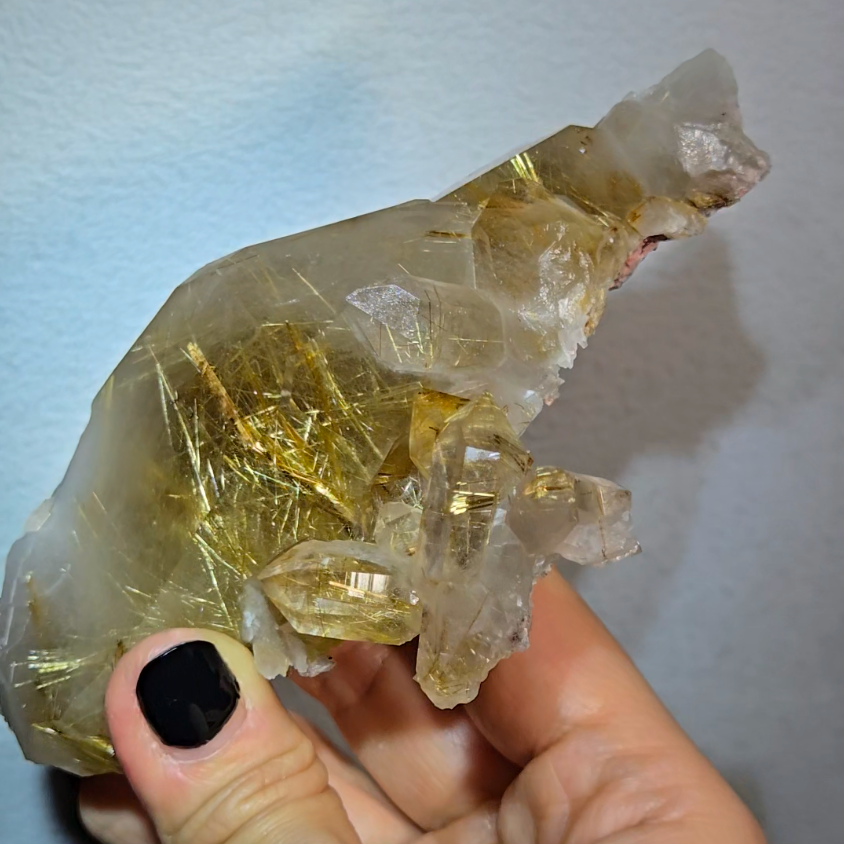 Golden titanium rutiles on black hematite in quartz cluster - RT1443