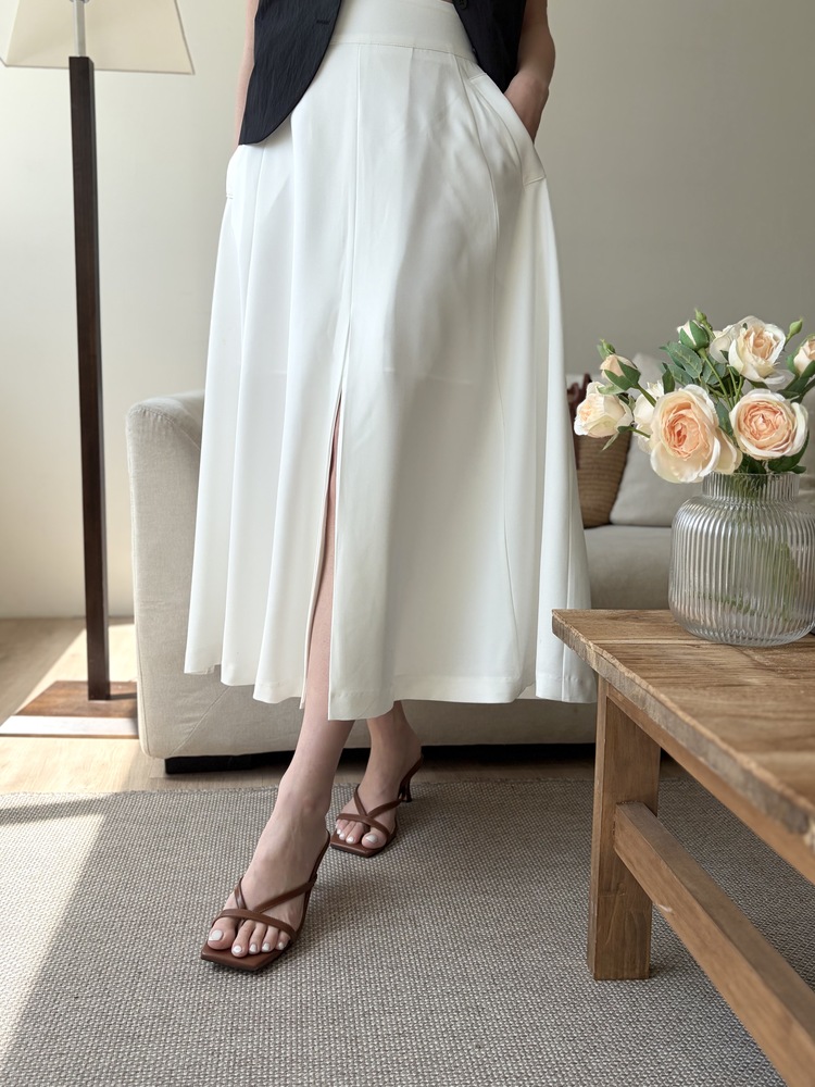 Front-Slit Midi Flare Skirt (Ivory)