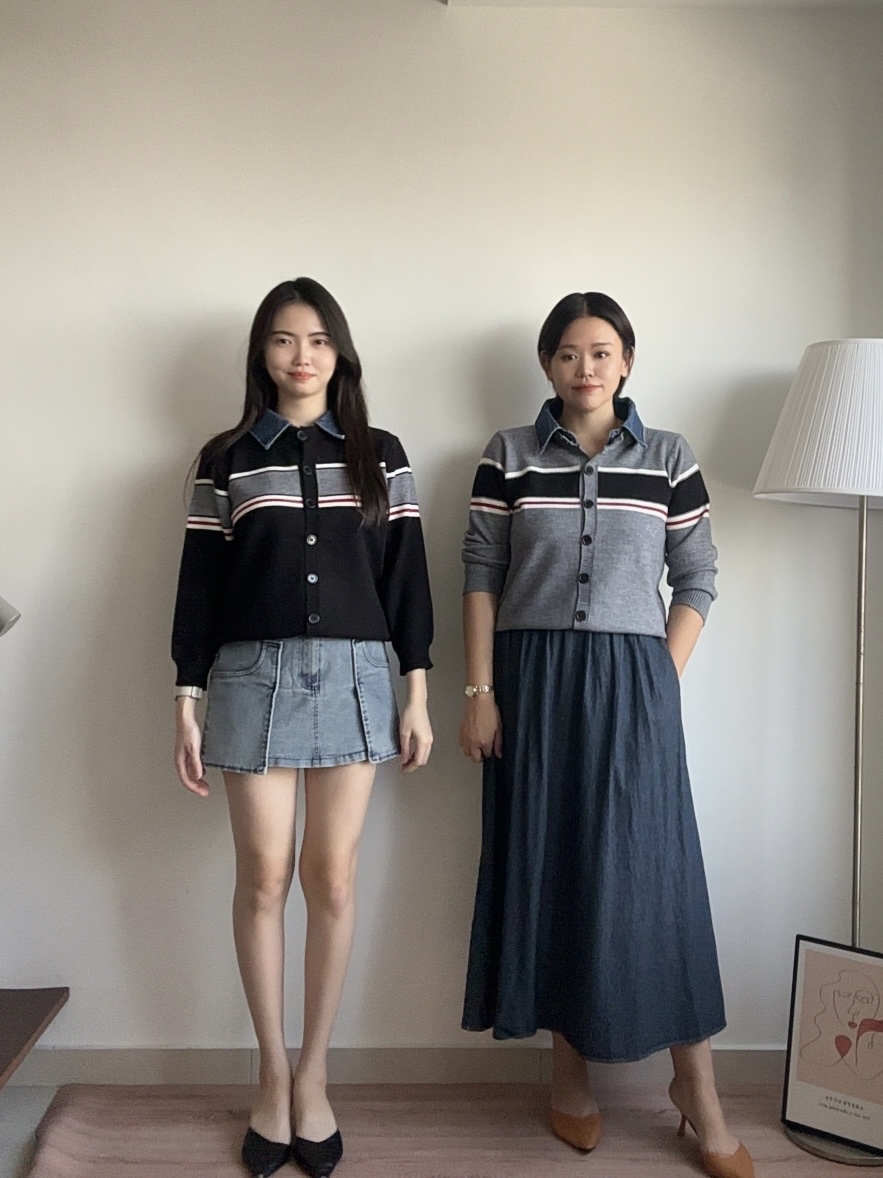 T4359 Denim Collar Knit Sweater - Black & Grey
