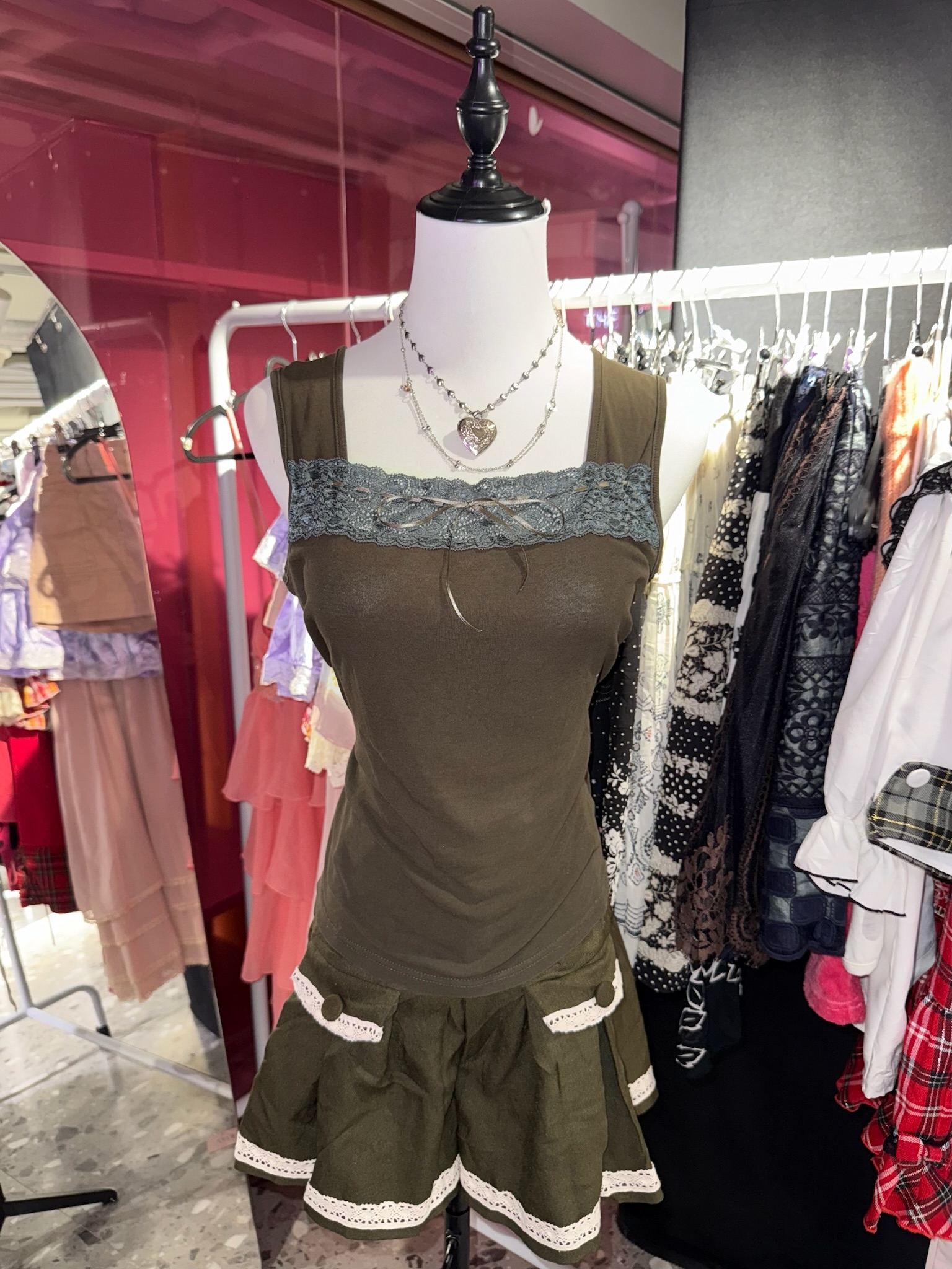Dark Green Knitted Cardigan Lace Shorts Set