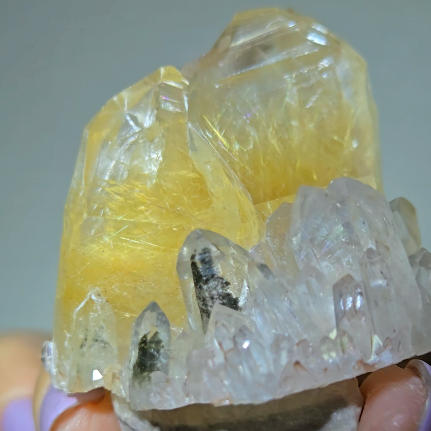 Golden rutilated quartz with chlorite points, rainbows - RT110