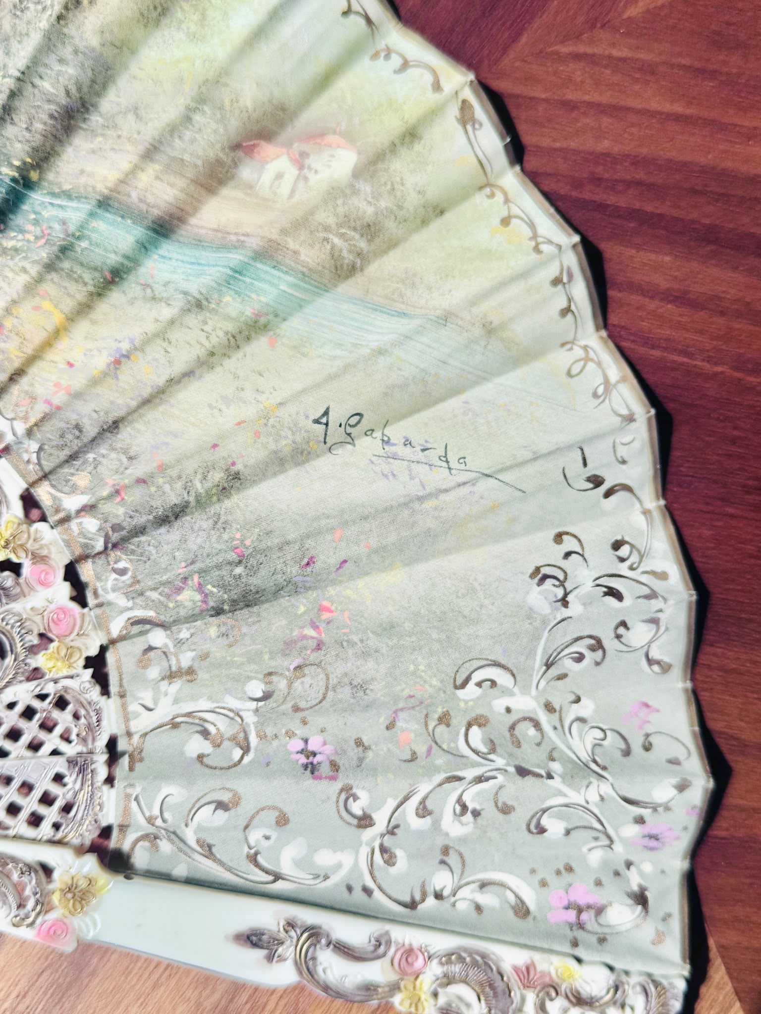 Antique c. 1890–1920 European Hand-Painted & SIgned Rococo Revival Folding Fan (MT2616)