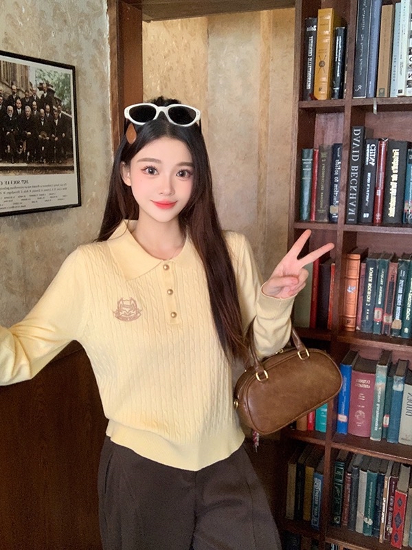 B54(3908) 韩版学院风校徽LOGO麻花纹翻领4色针织上衣