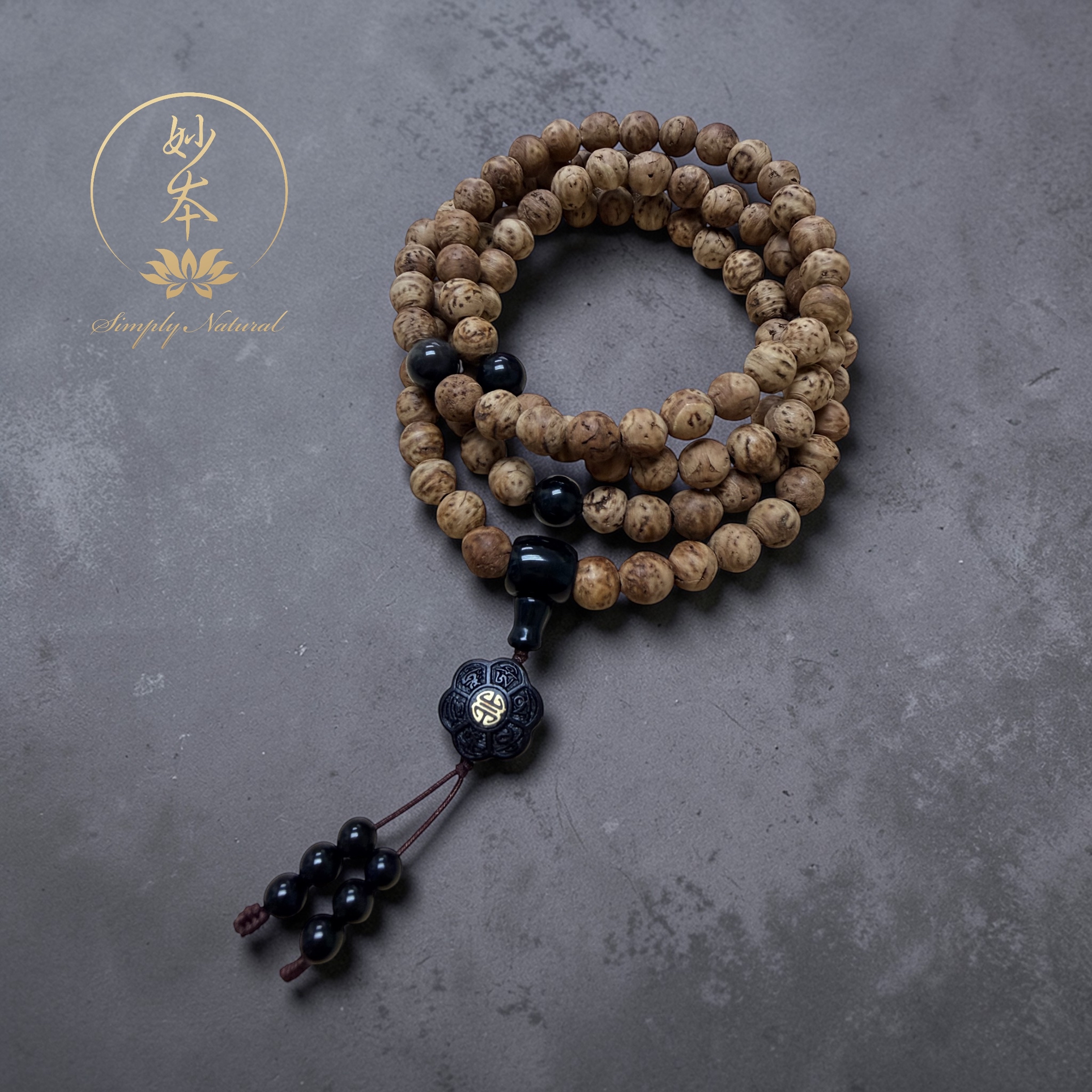 9mm 108粒印度龍眼菩提念珠 配：黑檀六字大明咒
