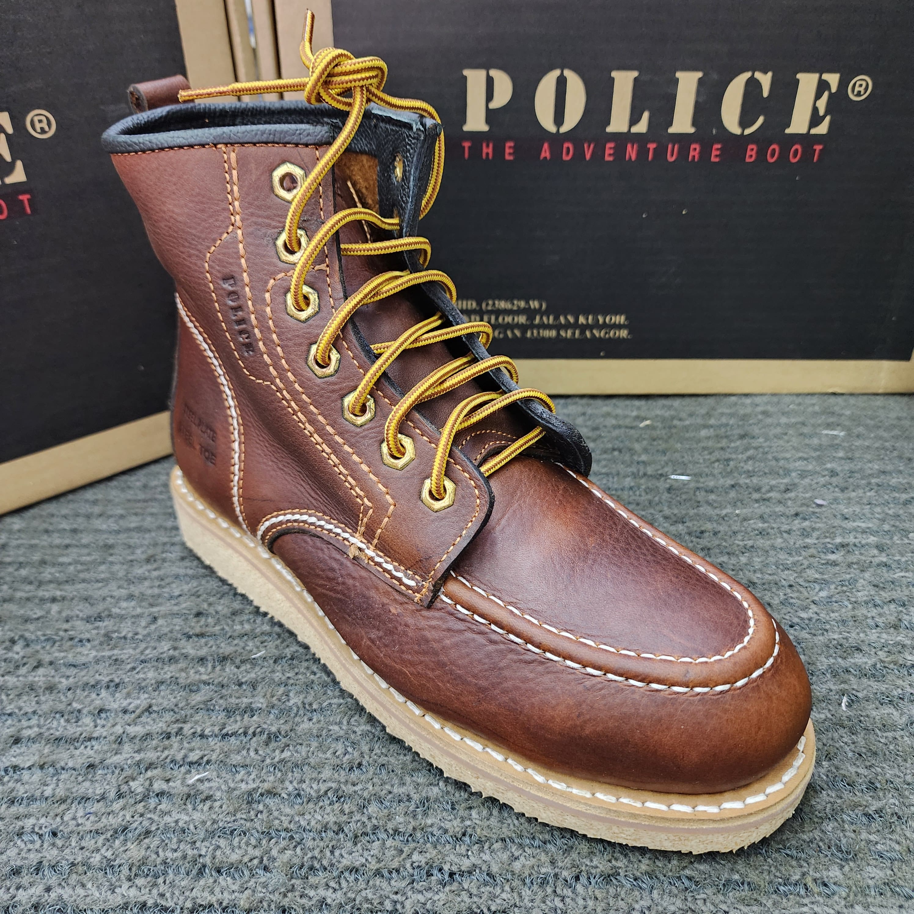 POLICE SAFETY 93597 Zip 93603 Lace Up Mid Cut Leather Safety Shoes Brown Kasut Keselamatan
