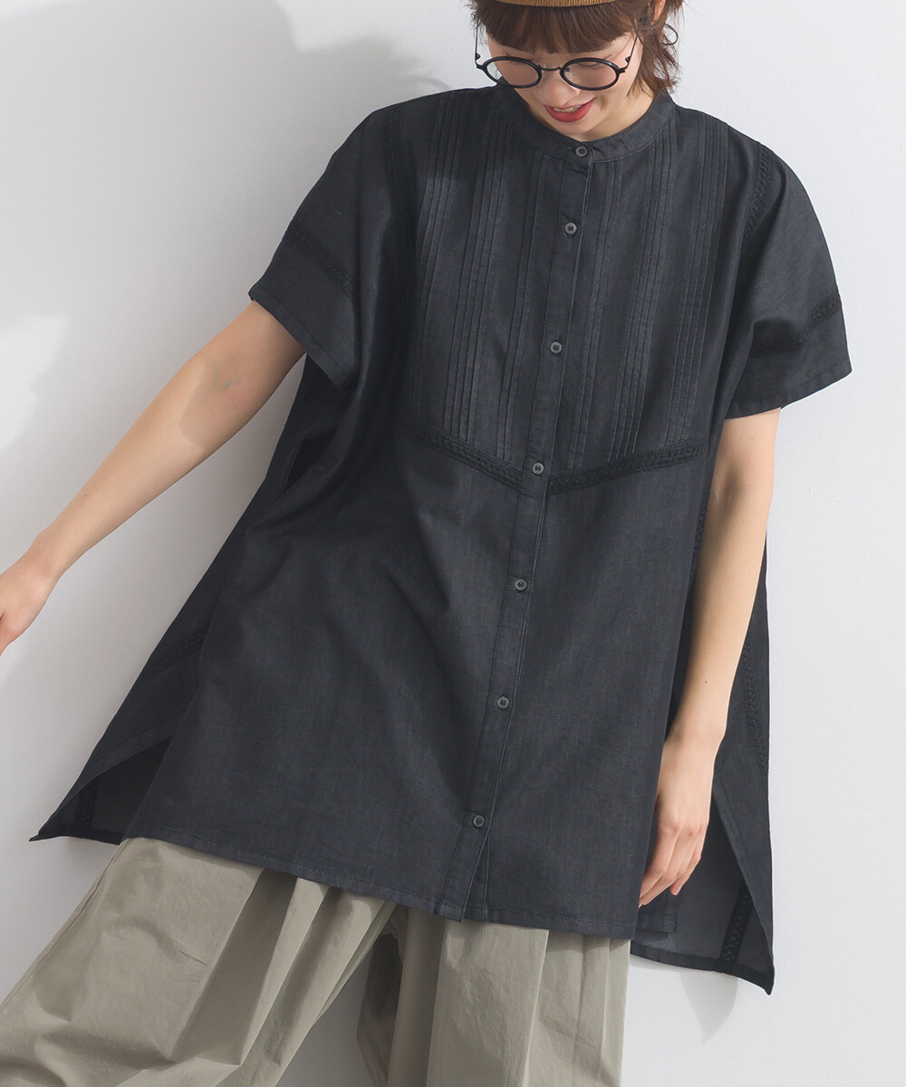LP - 前片褶皺牛仔布襯衫 (黑色)