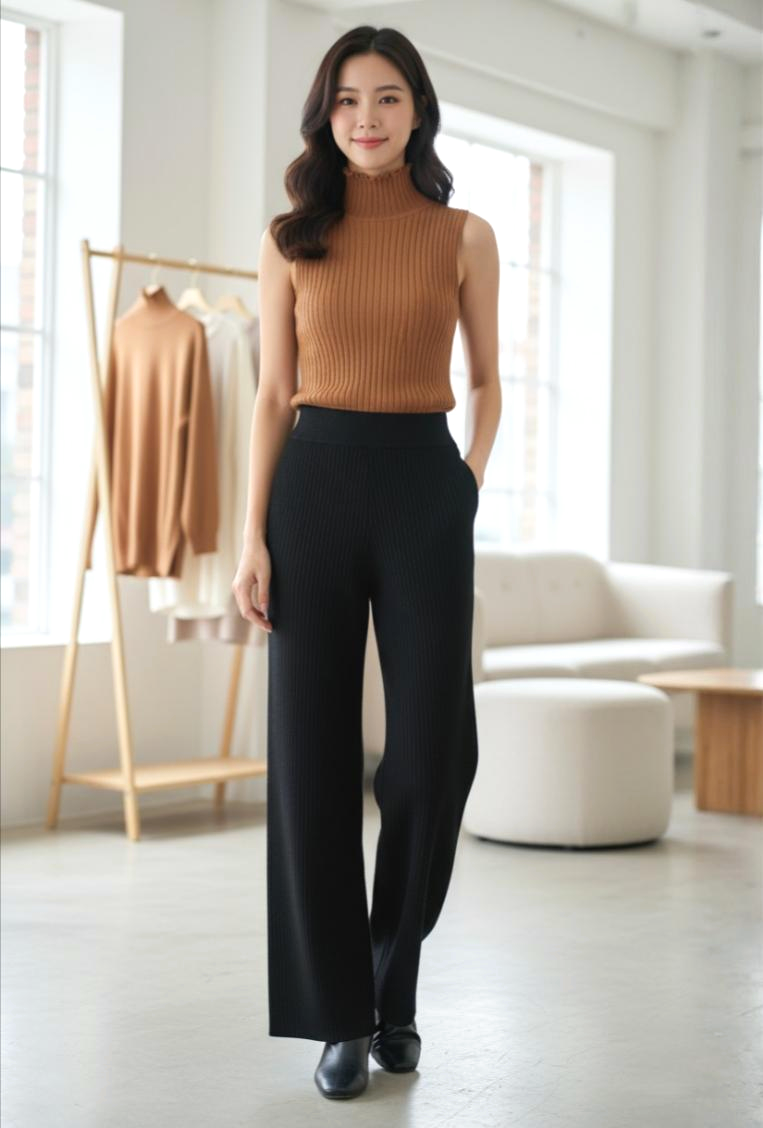 Sleeveless High-Neck Ribbed Knit Top