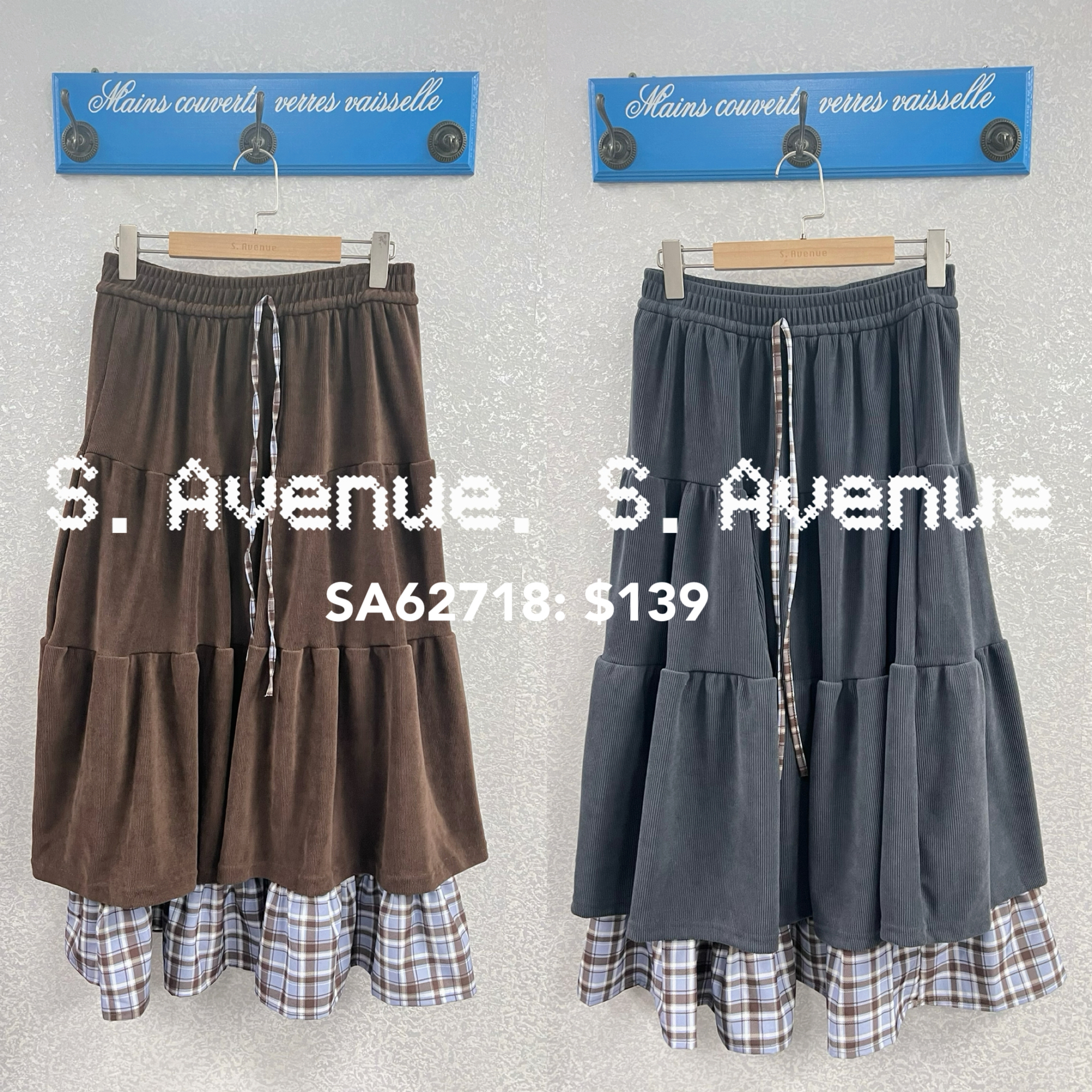 SA62718: 半截A字下拼格仔裙