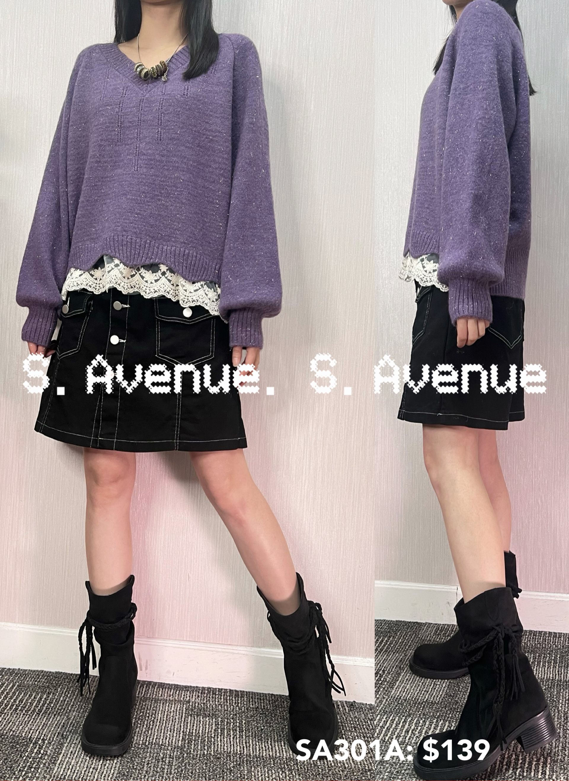 SA301A: 長袖燈籠袖V領腳lace冷衫