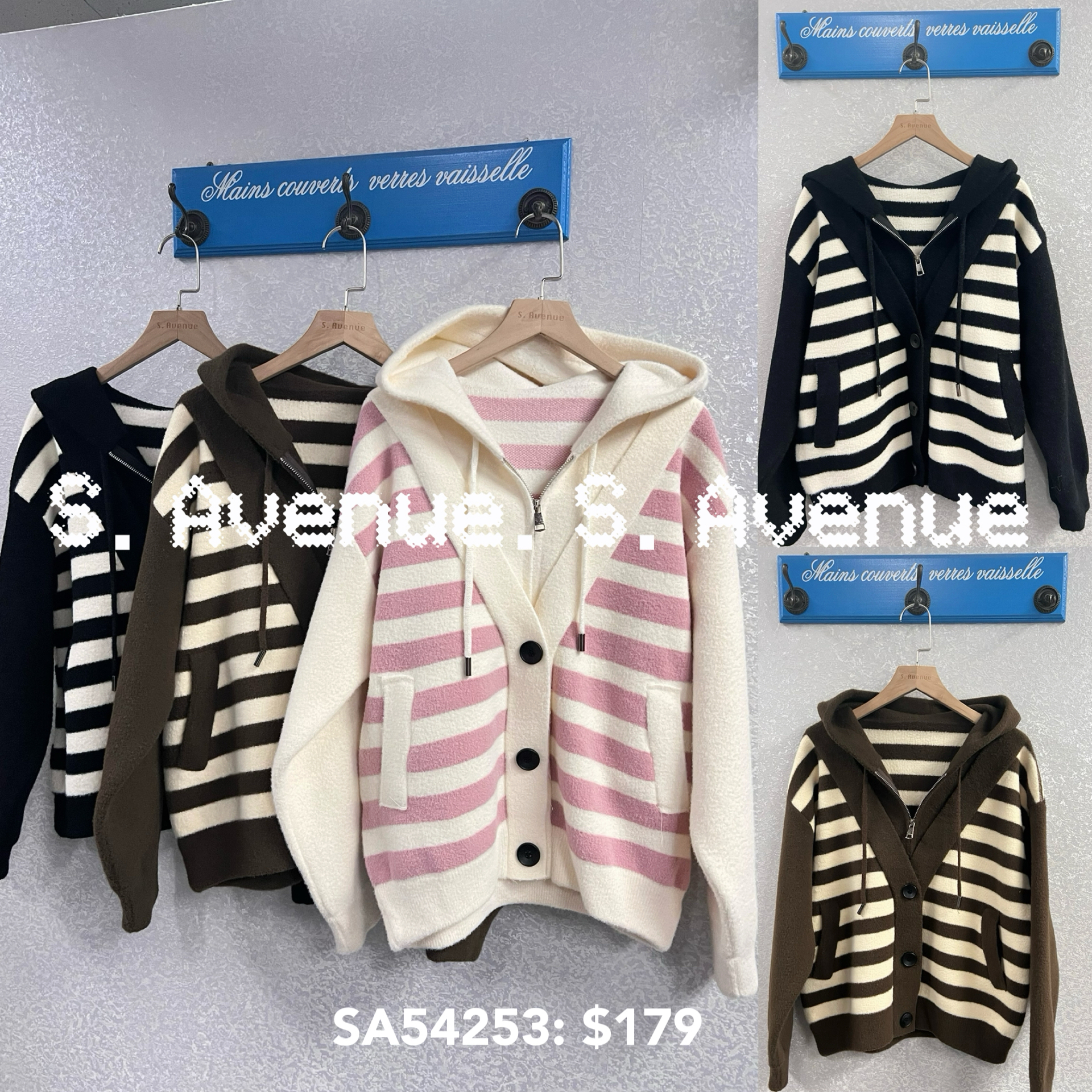 SA54253: 有帽間條有拉鍊和鈕假兩件褸