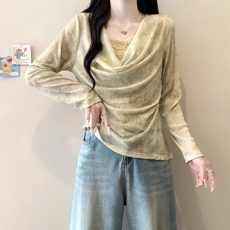 B118(3989) 韩系纯欲风晕染雪纺假两件里拼蕾丝边荡领褶皱3色上衣 