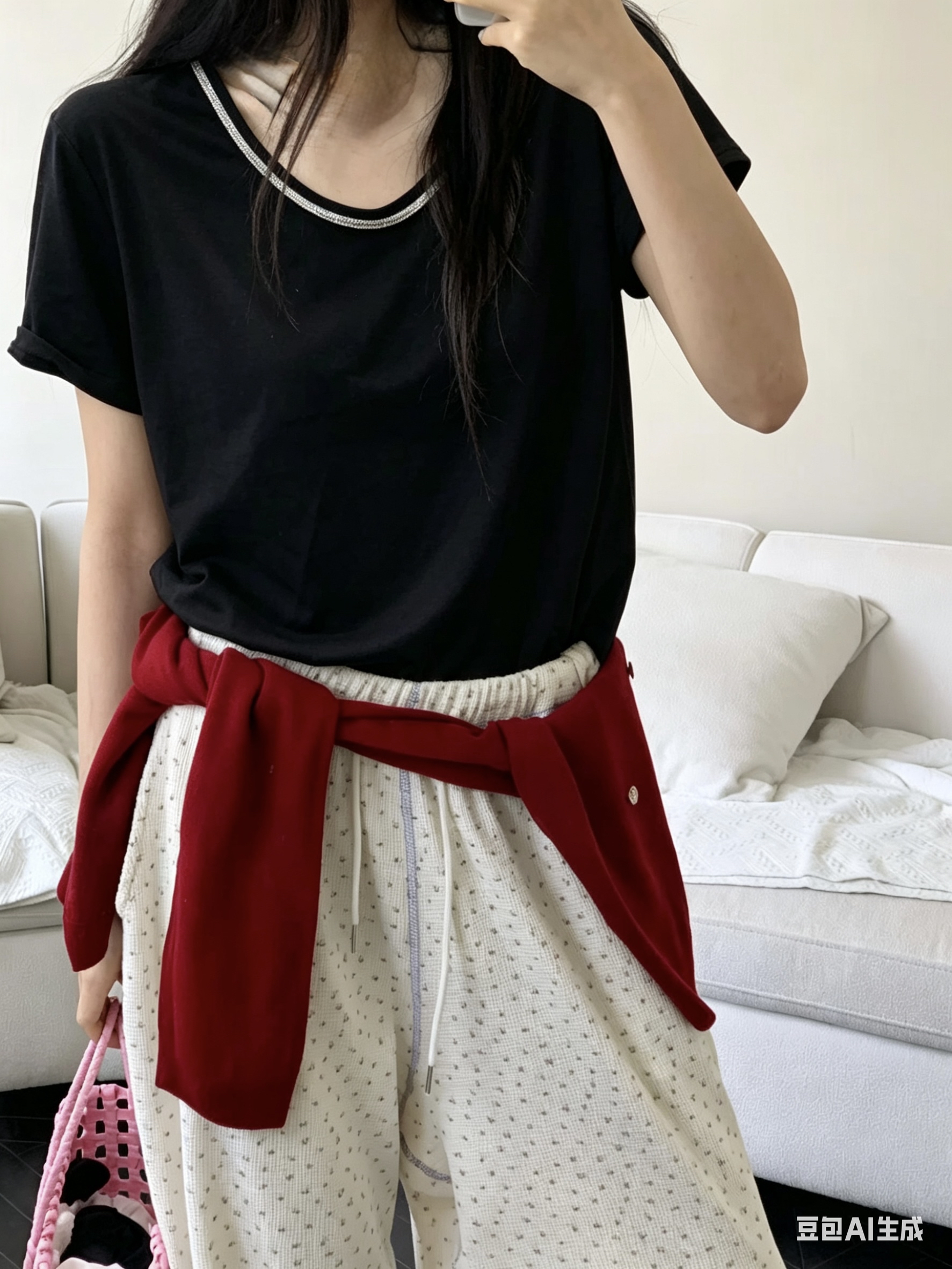 綑邊珠珠U 領Tee 