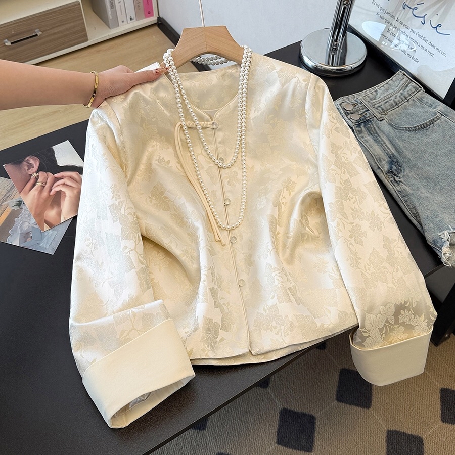 B24(9926) 新中式高级感前珠子流苏盘扣杏叶高端提花杏外套上衣