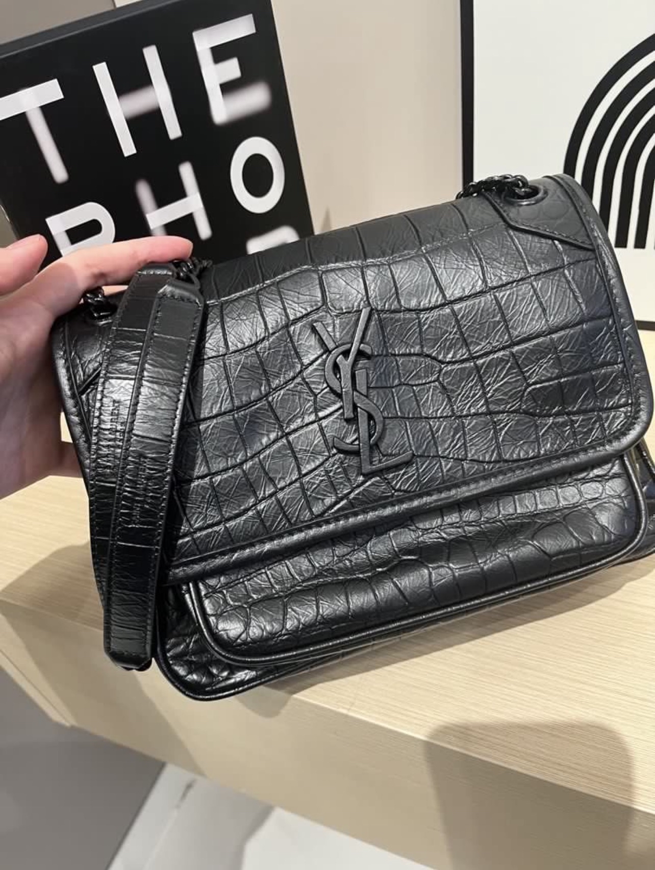 YSL Niki 黑色鱷魚壓紋 100%Authentic, 98%New ✅Dust bag
