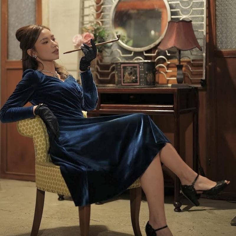 (SOLD OUT) Jewel Velvet Collection Sweatheart Wrap Swing Dress - Sapphire Blue(FM204)