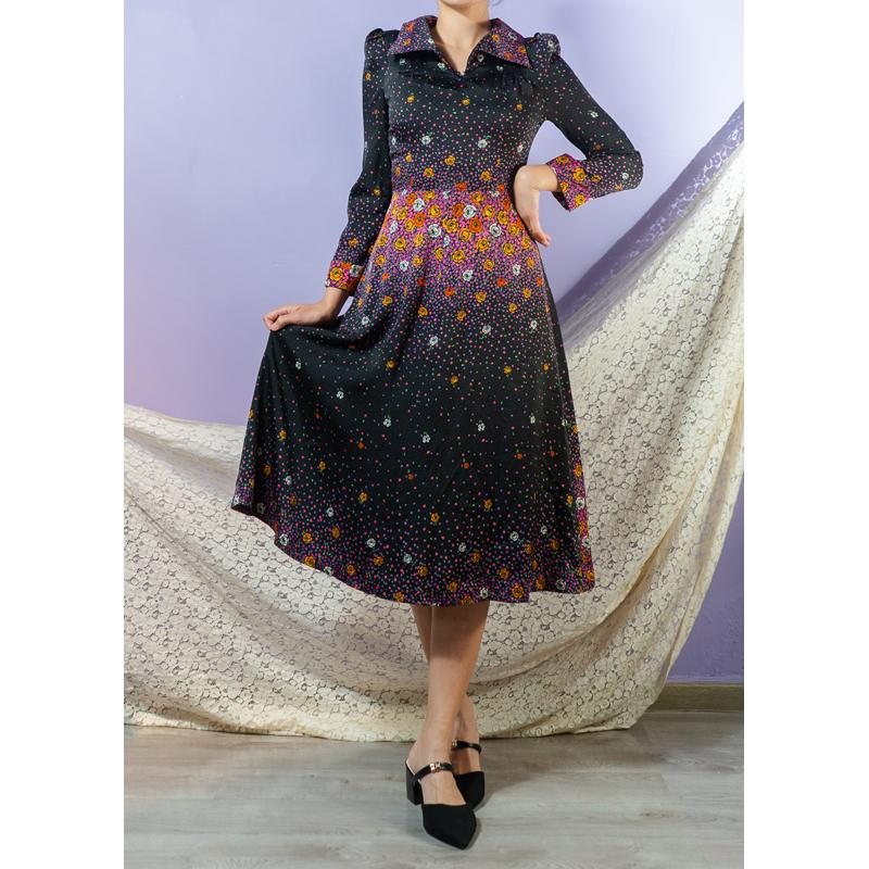 Vintage Scattered Firework Tone Floral Pattern Wing Tip Collar Tailored Dress(MT1840-11)