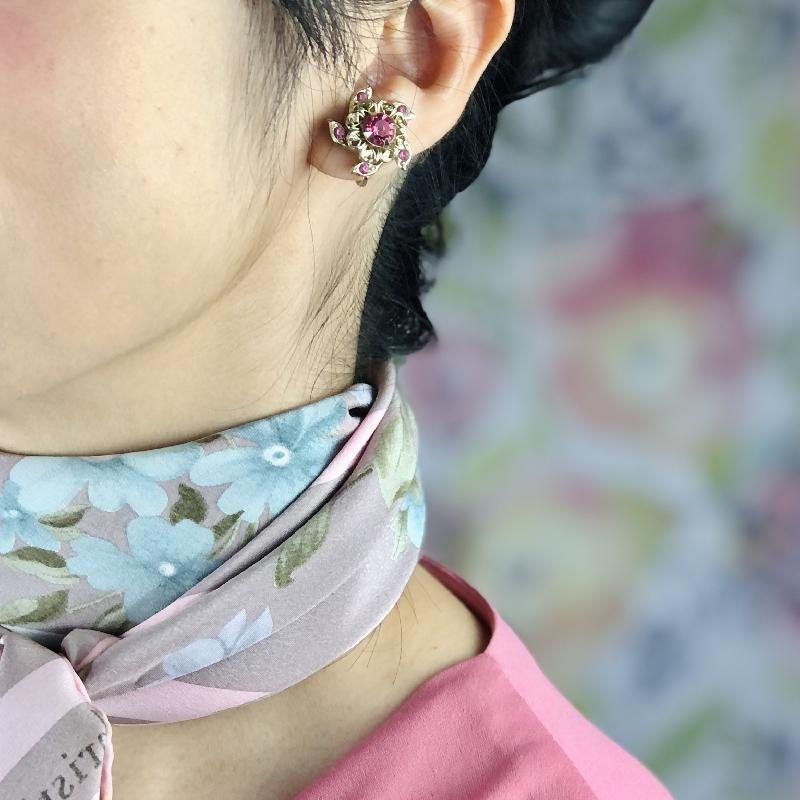 Vintage Stamped "Coro" Swivel Floral Pink Rhinestone Screwback Earrings (MT1677)