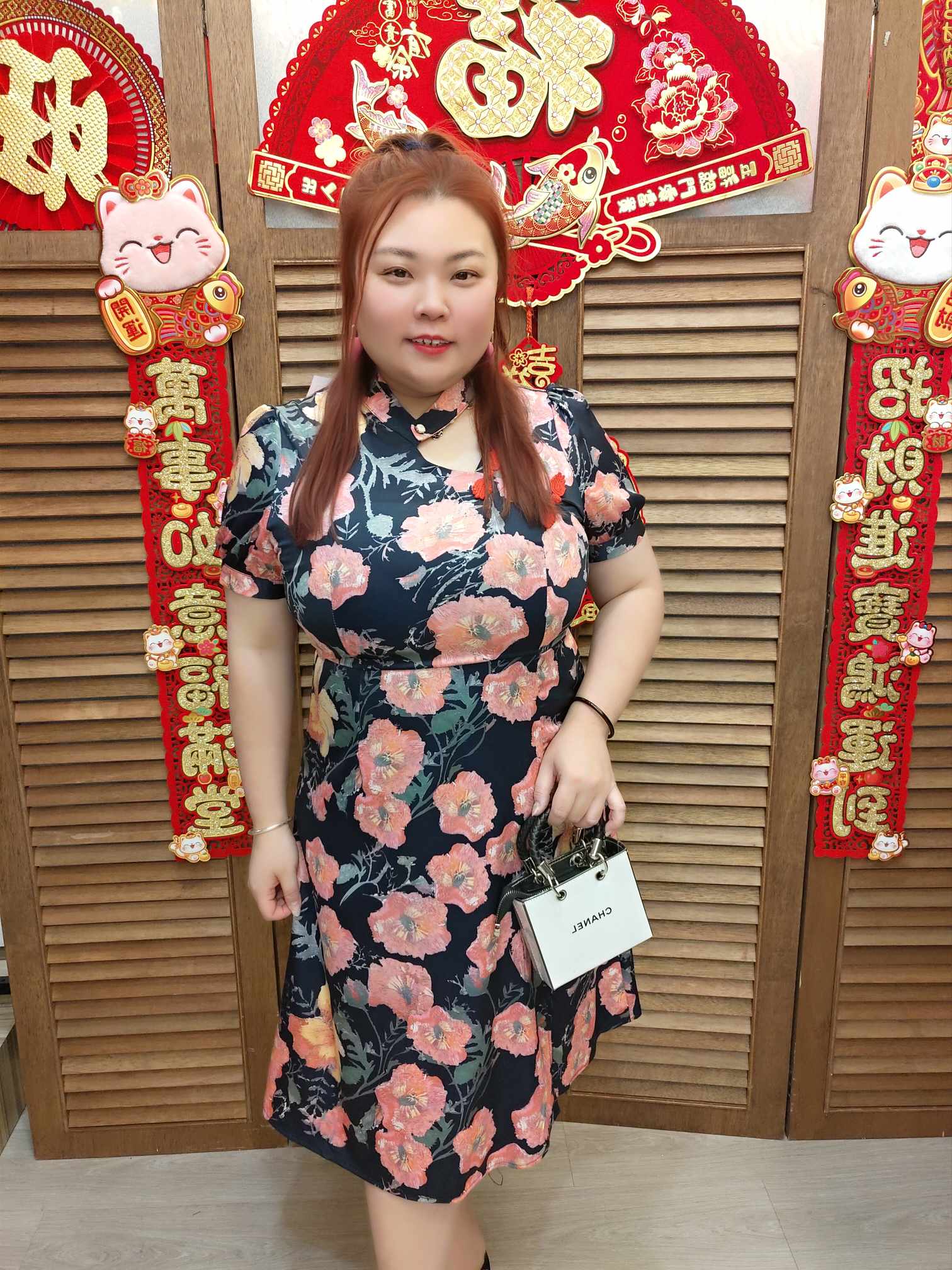 TW#5658 大红花印花复古旗袍