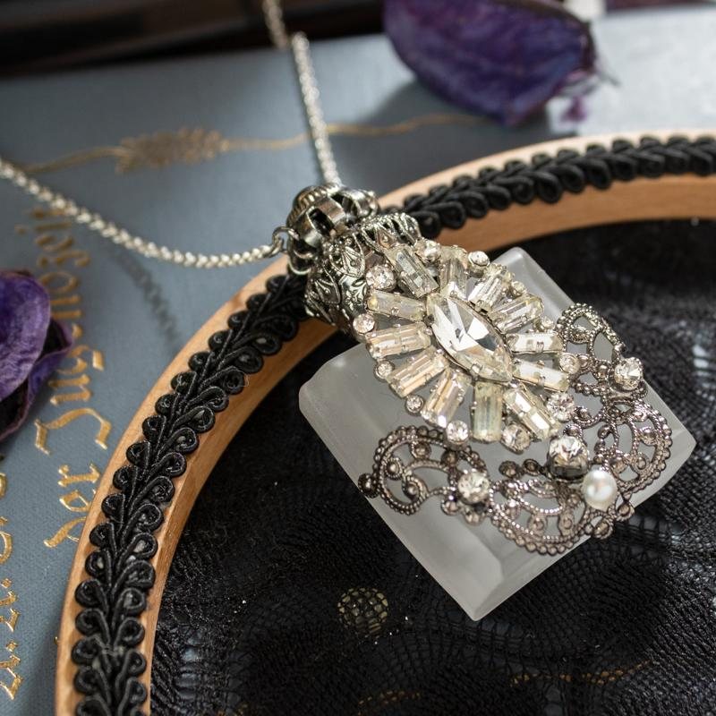 Vintage Elegant Art Nouveau Style White Frosted Purse Perfume Bottle/Necklace - Recomposed New Old Stock(MW148-5)