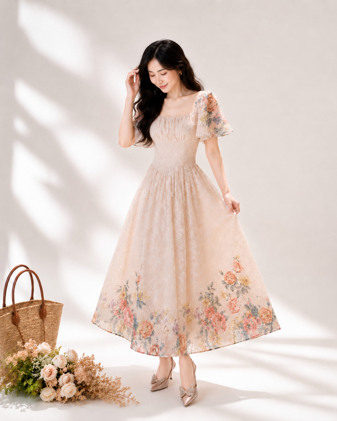 5135 Claudia Square Neck / Off-Shoulder Soft Maxi Dress