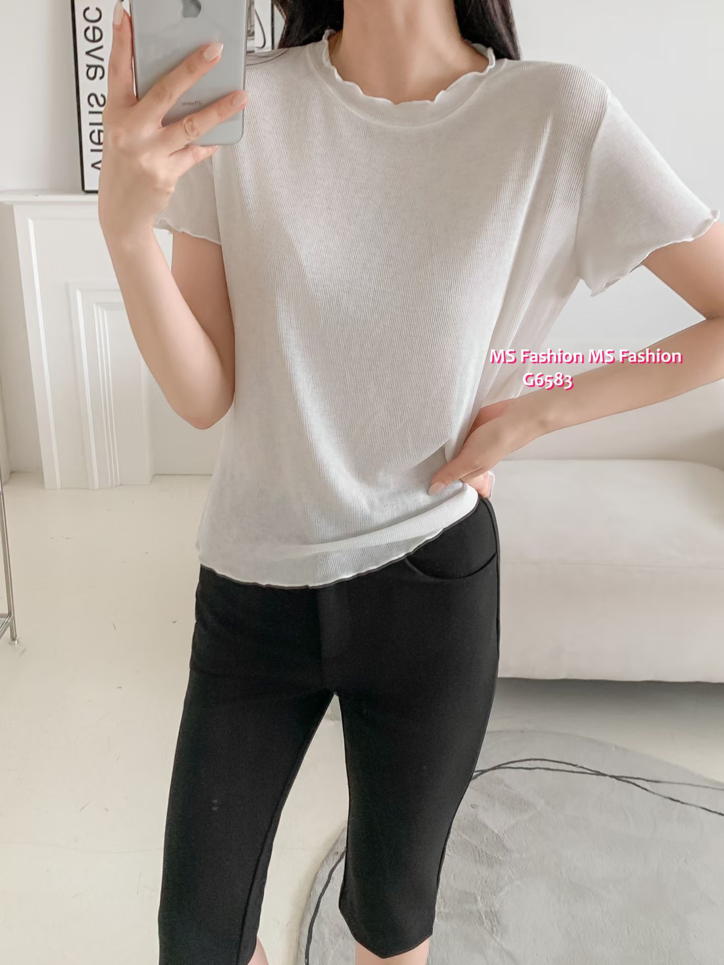 G6583 暗直紋木耳邊top