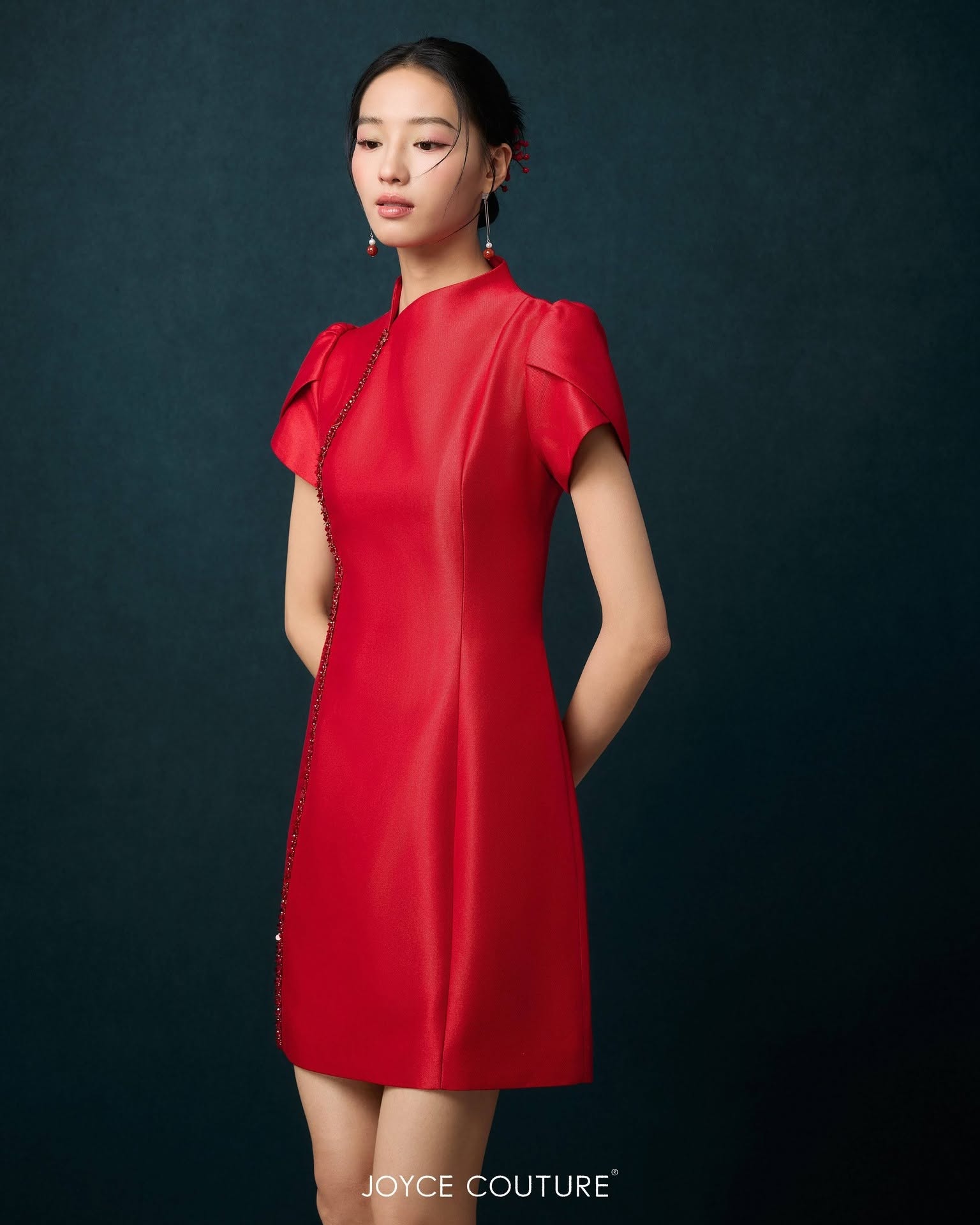 精致的珠饰点缀公主袖连身裙 D0096