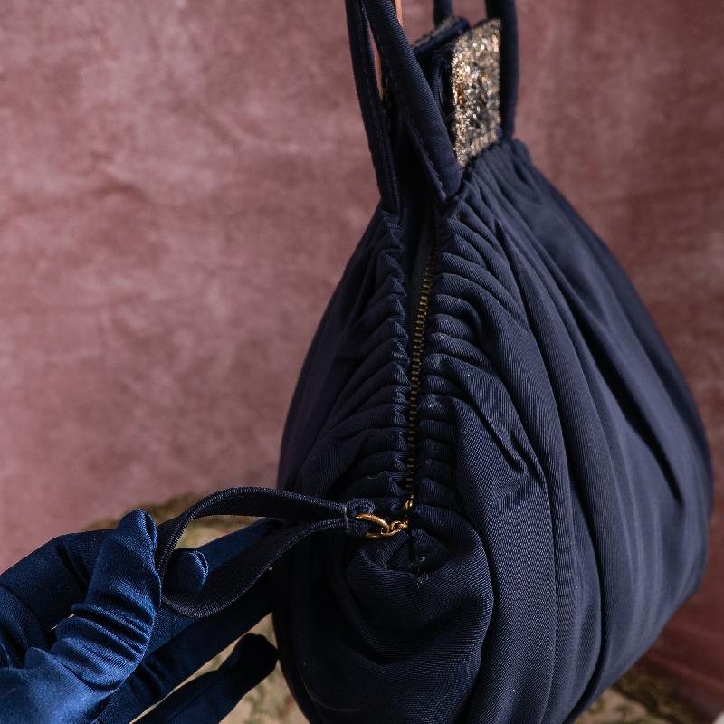 Rare! C.a. 1930-1940s Suzanne Rose Embellished Hand Sewn Zipped Blue Fabric Purse Bag from America with Apricot Lining(ZA193)