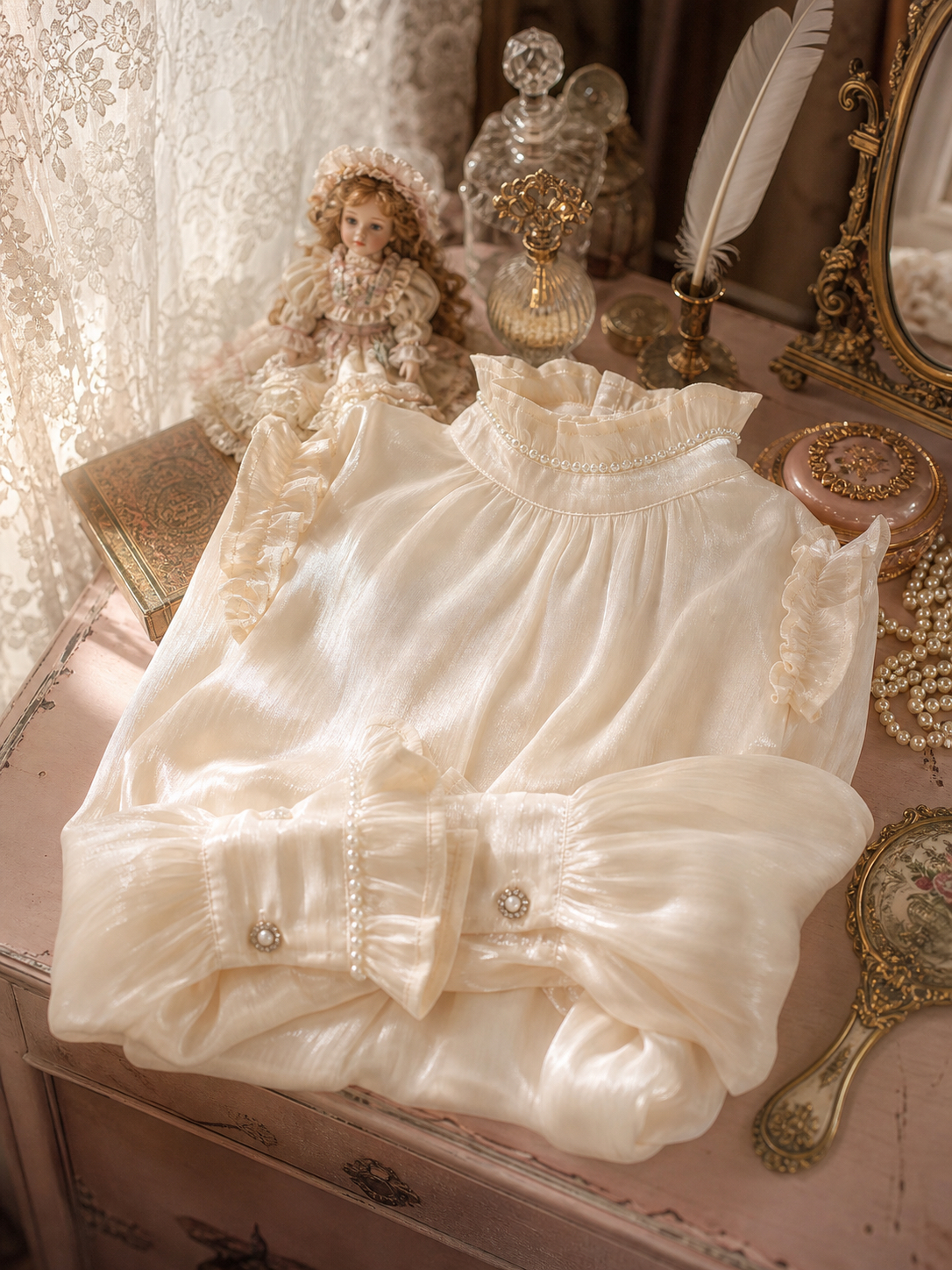 維多利亞輕甜公主綴珍珠襯衫 Victorian Sweet Princess Pearl-Embellished Blouse