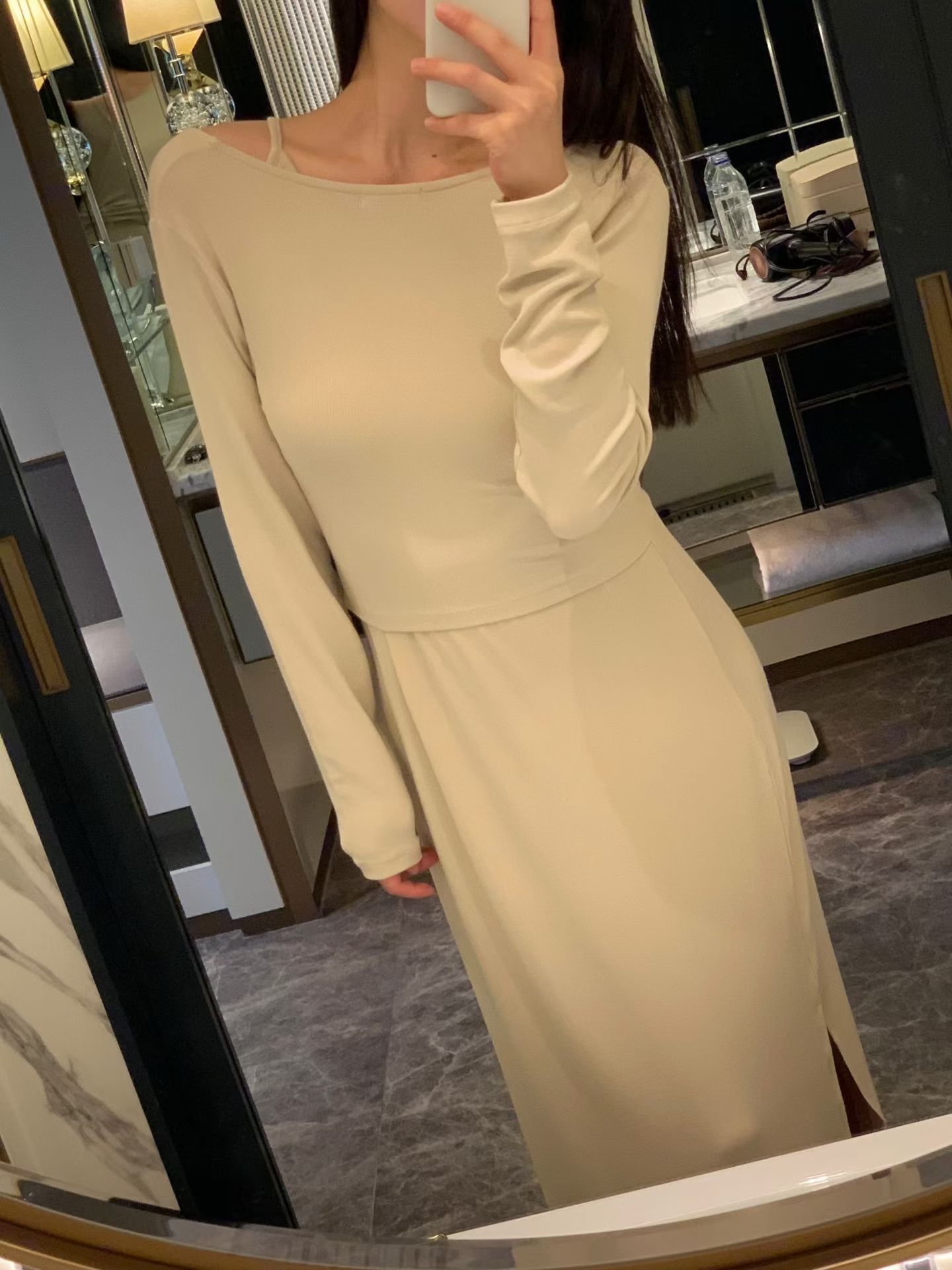 Feminine stretchy long dress SET