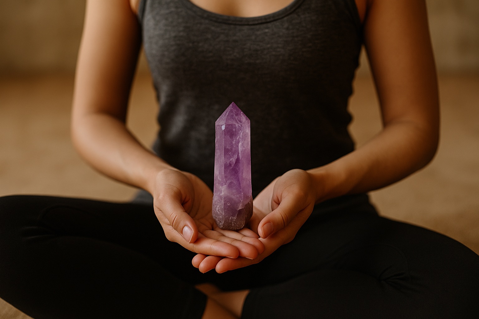 Hands holding amethyst crystal tower during meditation and manifestation practice - healing crystals from Featherlight Dust Crystals.