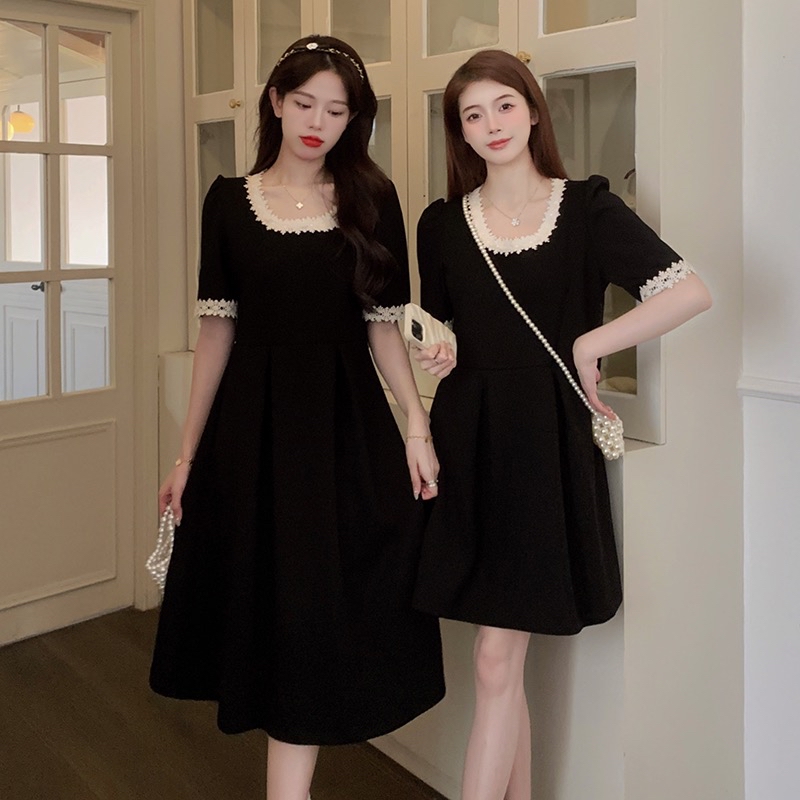 B235(14433短) 短款法式甜美风立体蕾丝花边领与袖边黑连身裙 